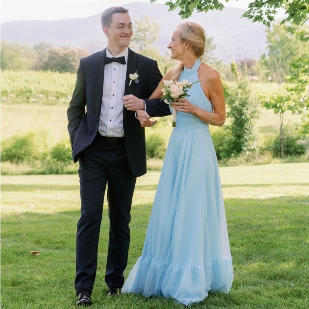 NWT Mac Duggal Halter Blue Gown, Open Back, A-line Prom Dress, Scandi Girl​